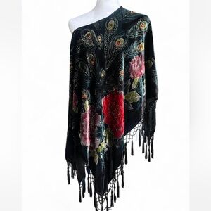 Velvet floral peacock feather motif poncho with tassels